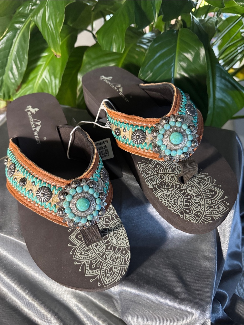 Montana West Brown Wedge Tan Strap Beaded Flip Flop Sandal - Size 10